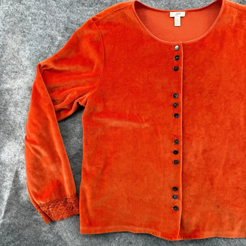 J. Jill Velour Cardigan Womens Large Orange Lace Velvet Trim Button Front Cotton - Picture 1 of 16